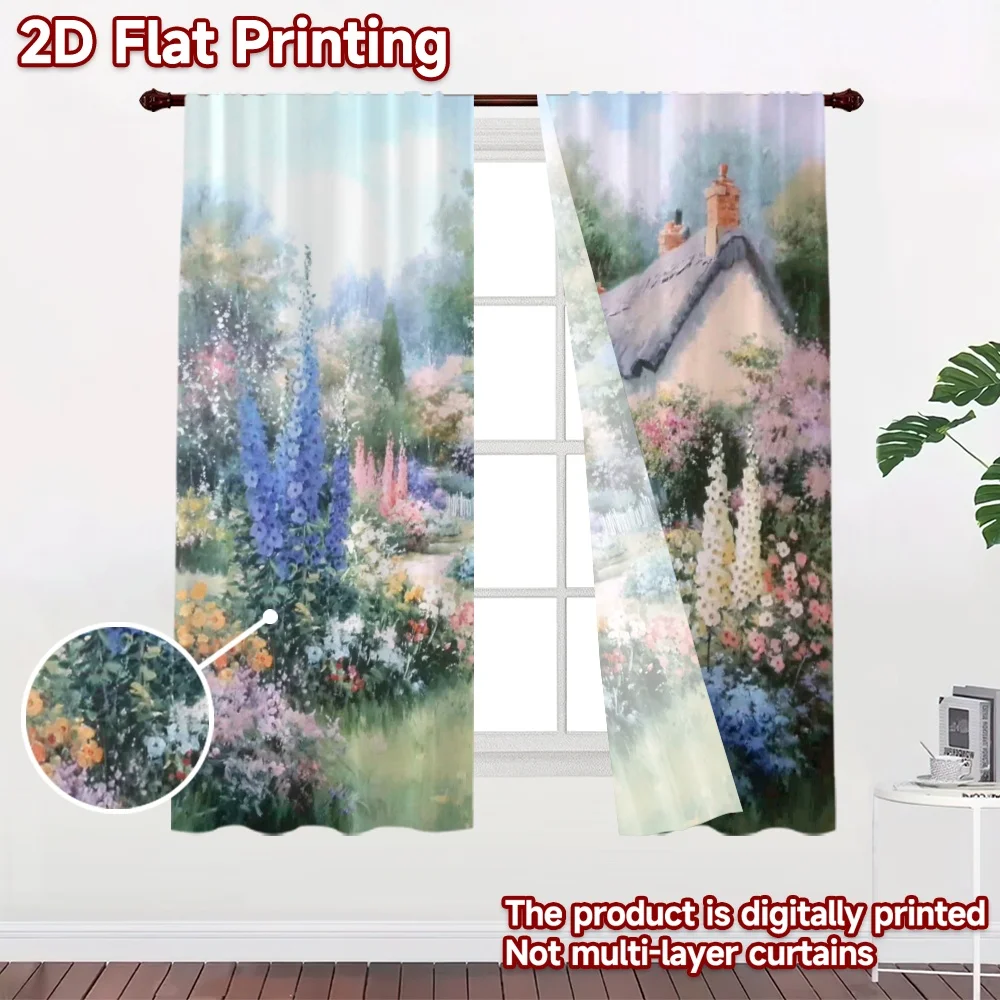 2D flat printing 2pcs Curtain Scene Curtains Spring Cottage Garden Digital Printed Polyester Drapes Seasonal Party & Holiday