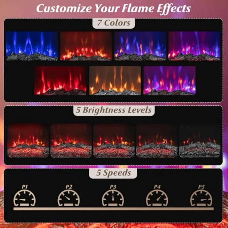 18 inserts de cheminée électrique avec conception encastrée pour une utilisation intérieure avec 7 effets de couleur de flamme réalistes, télécommande 8-Hou