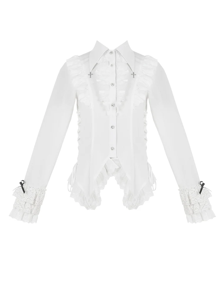 Original Design Gothic Black and White Waist Trimming Shirt 2024 Spring and Summer Lolita Women's Solid Color Blouse Shirts