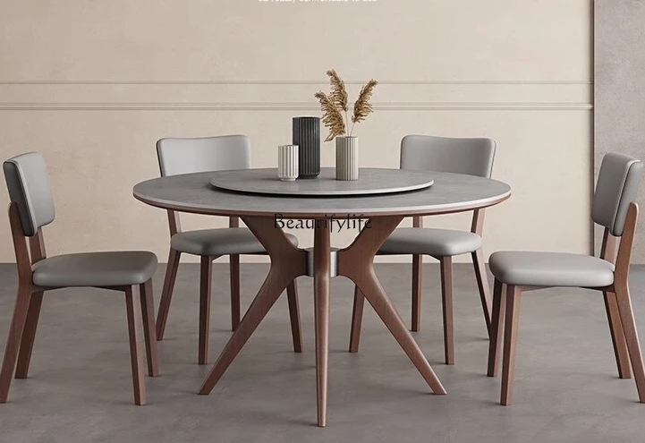 

Nordic Style Multi-Person Stone Plate Dining Table round Band Turntable Modern Minimalist