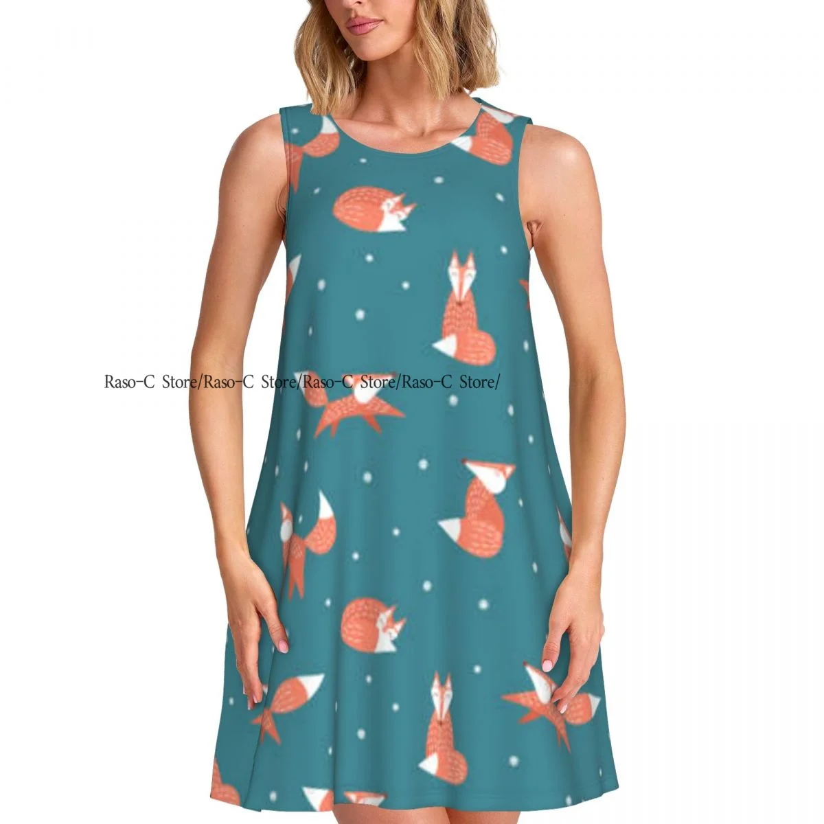 ชุดสตรีฤดูร้อน Casual T เสื้อชุดชายหาดการ์ตูนสุนัขจิ้งจอก Woodland สัตว์ชุดถัง