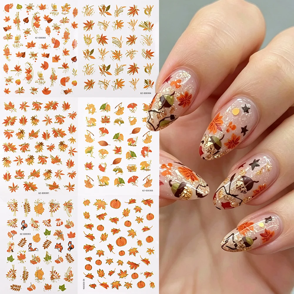 6pcs Pumpkin Maple Leaves Nail Art Stickers 3D Gold Foil Fall Leaf Ginkgo Squirrel Autumn Nail Decal Self-Adhesive Manicure Deco