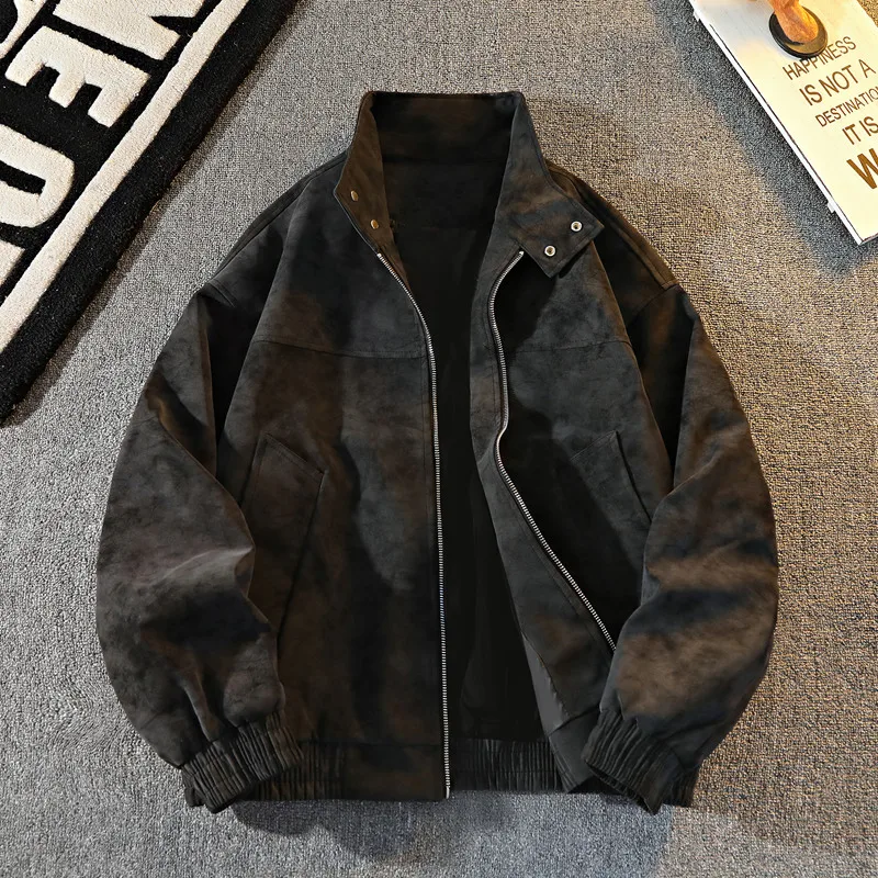 

Мужская куртка из искусственной замши с воротником-стойкой — большой размер с застежкой-молнией и карманами с клапанами, износостойкая для уличной одежды и повседневного использования