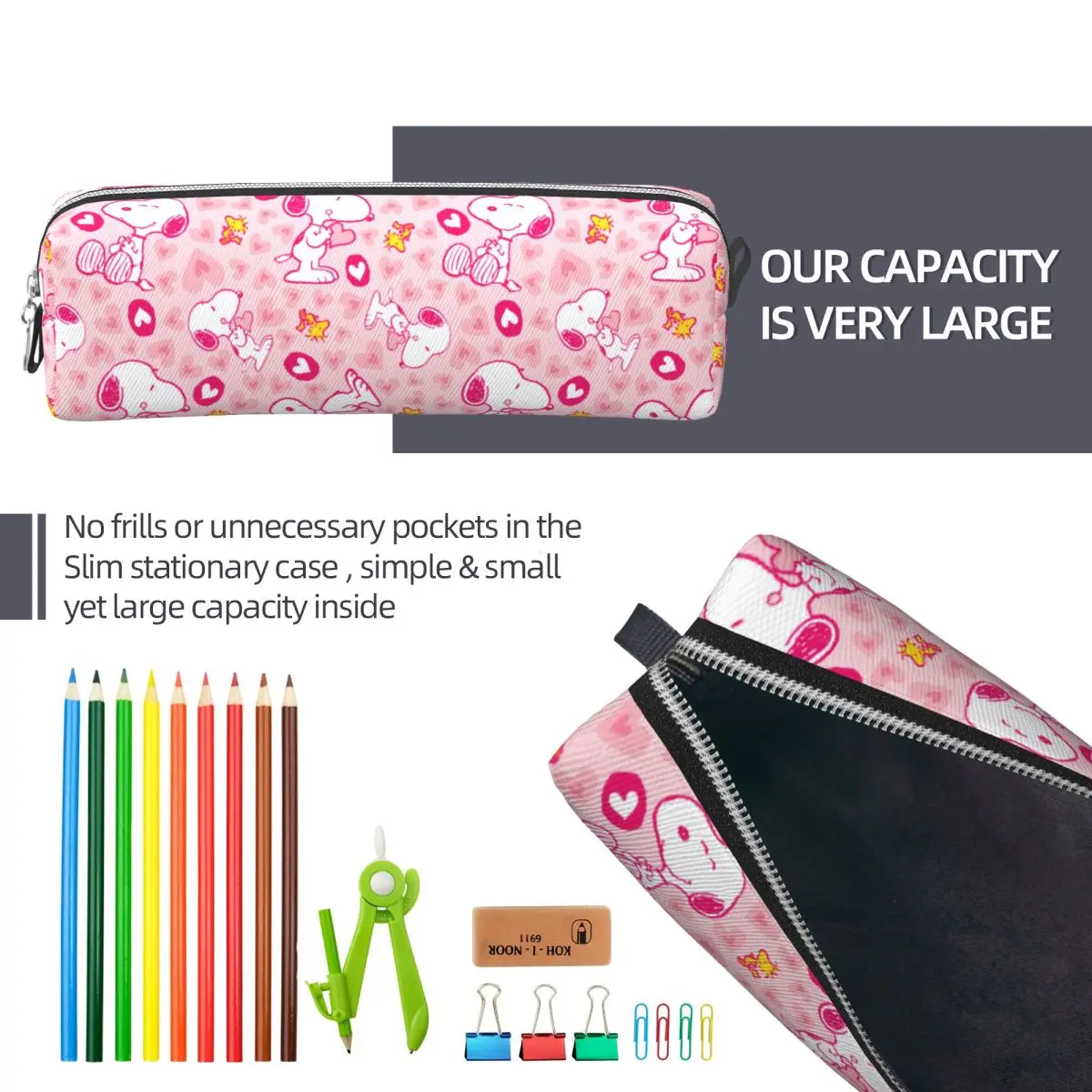 Snoopy & Woodstock Pink Hearts Pattern Pencil Case Fun Pen Box Pencil Bags Girl Boy Big Capacity Office Gift Pencil Pouch