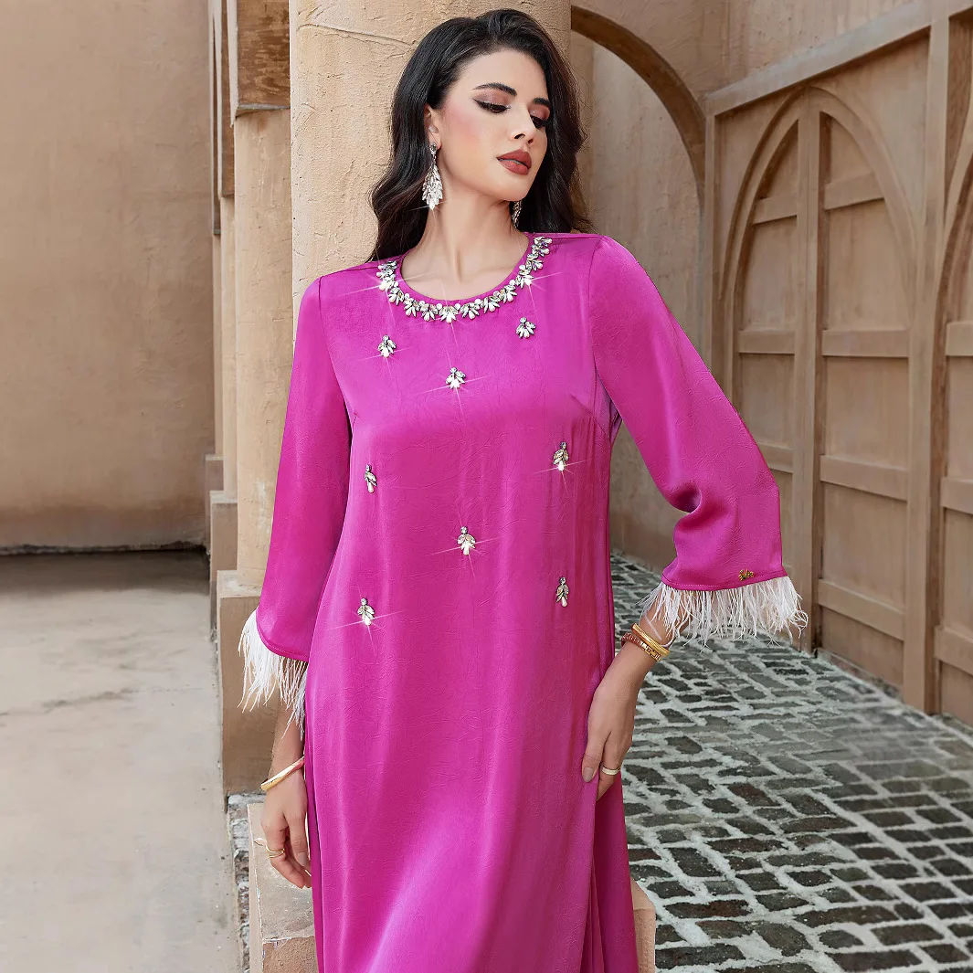 

Ramadan Muslim Women Diamonds Long Dress Feather Abaya Dubai Kaftan Islam Clothing Eid Mubarak Djellaba Morocco Caftan Vestidos