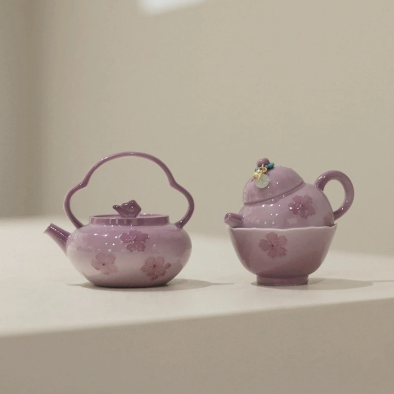 

Chinese-style Retro Purple Cherry Blossom Auspicious Teapot, Hand-painted Purple Handle Teapot, Small Teapot, Ceramic Tea Set