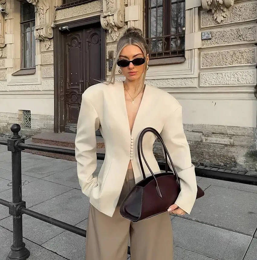 

Lady Solid Waist Cinching Blazers Fashion Long Sleeve Lapel V-Neck Single Breasted Slim Jacket Coat Women 2026 Spring New Blazer