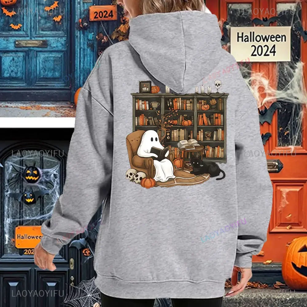 Retro Ghost Reading Books Sweatshirt Librarian Ghost Halloween Teacher Sweatshirt Halloween Hoodies Teacher Gift Boo School Tops