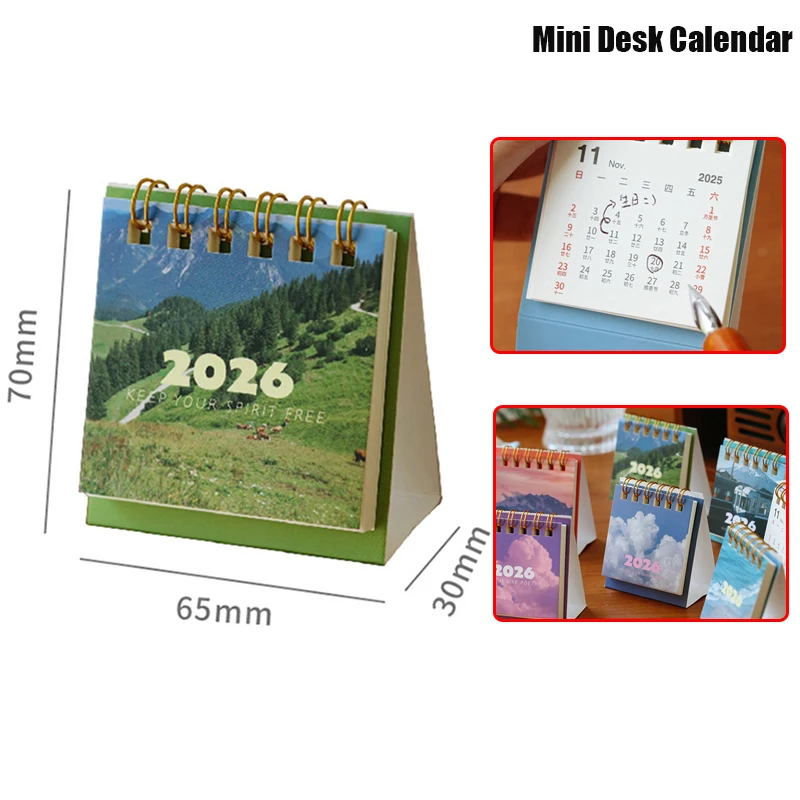 1PC 2026 Landscape Mini Desk Calendar Creative Coil Calendar Planner Desktop Ornament Decoration Office Stationery