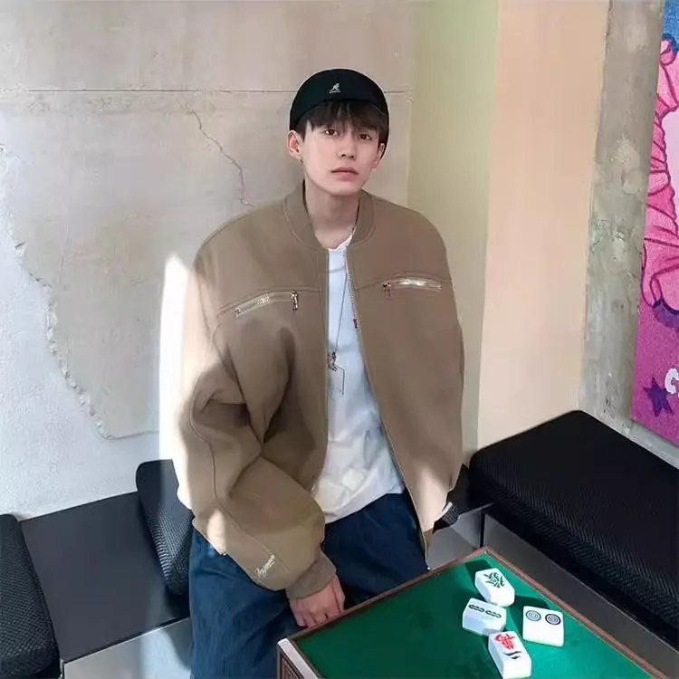 

High-end brown jacket Spring and autumn trendy American baseball uniform handsome charge pilot jacket