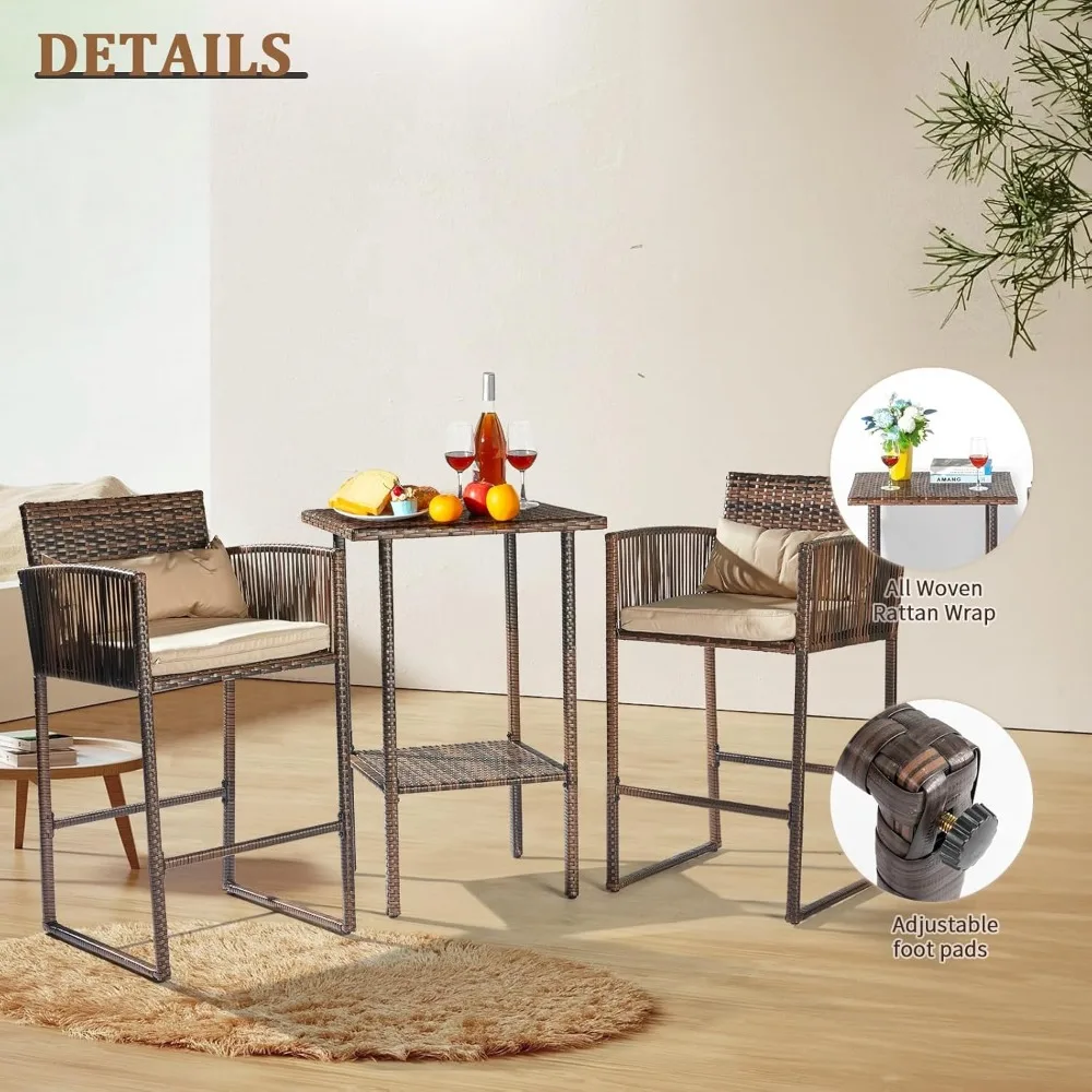 3 PCS Patio Bar Set Wicker, Outdoor  Table and Stools with Storage Shelf and Cushions Height Outdoor Table
