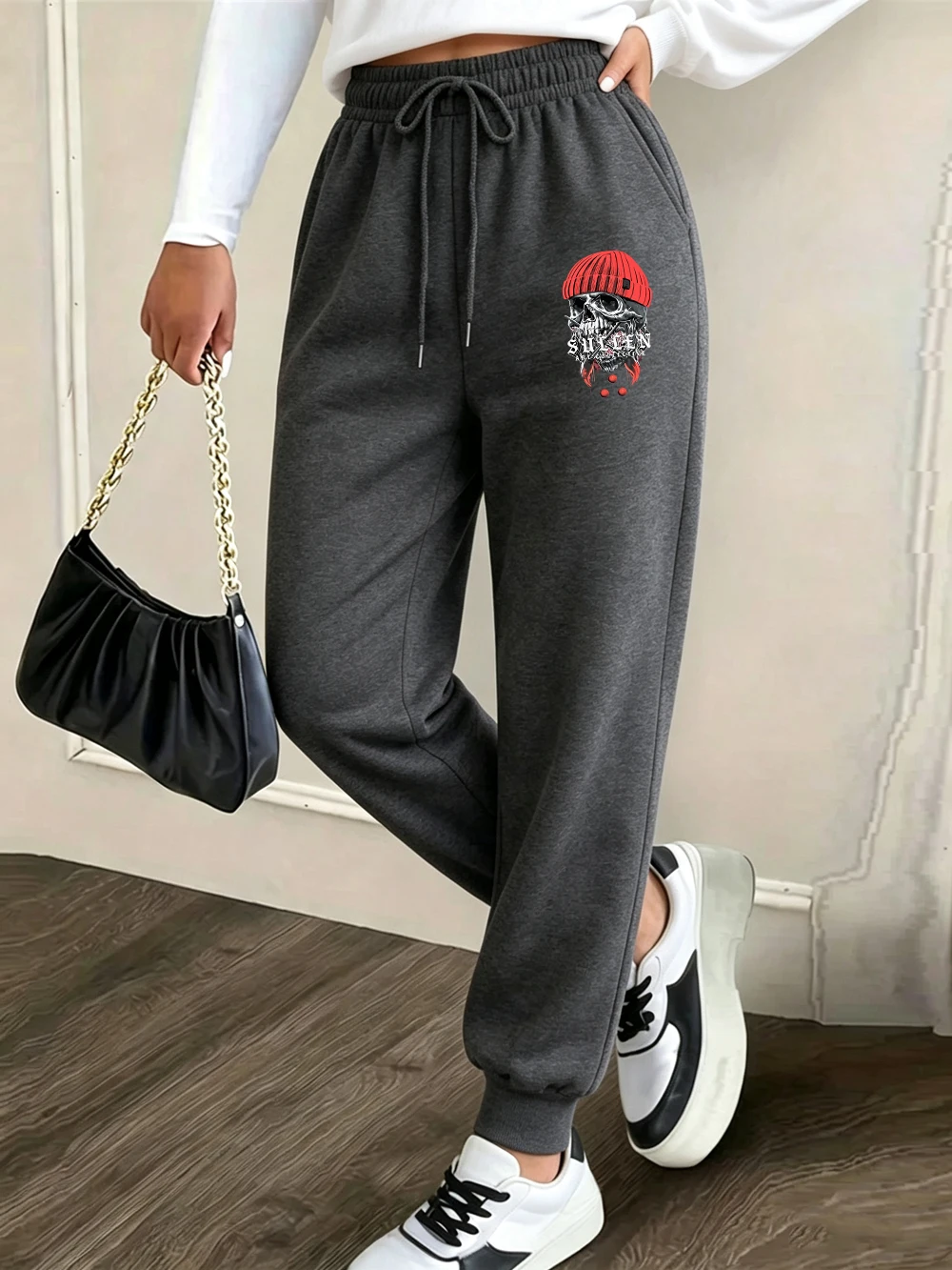 Sullen Skull Heads Prints Sweatpants Women Basics Pocket Jogger Pants Casual Fleece Warm Oversized Trousers Winter Woman Clothes