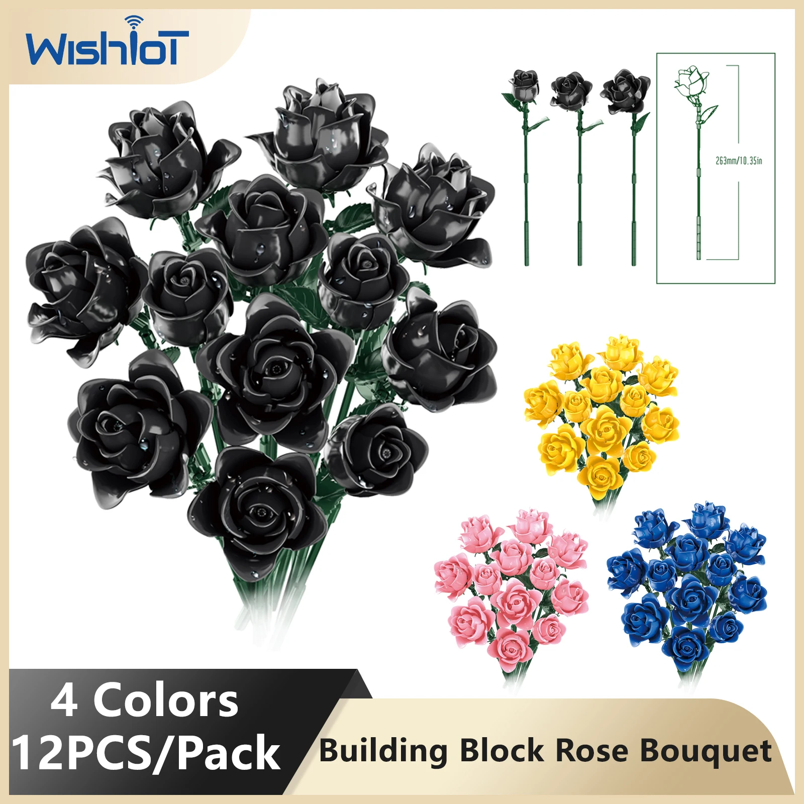

Building Block Black Rose Bouquet Simulation Roses Plant 4 Colors 12PCS Unique Gothic Home Decor Photo Props Toys Holiday Gifts