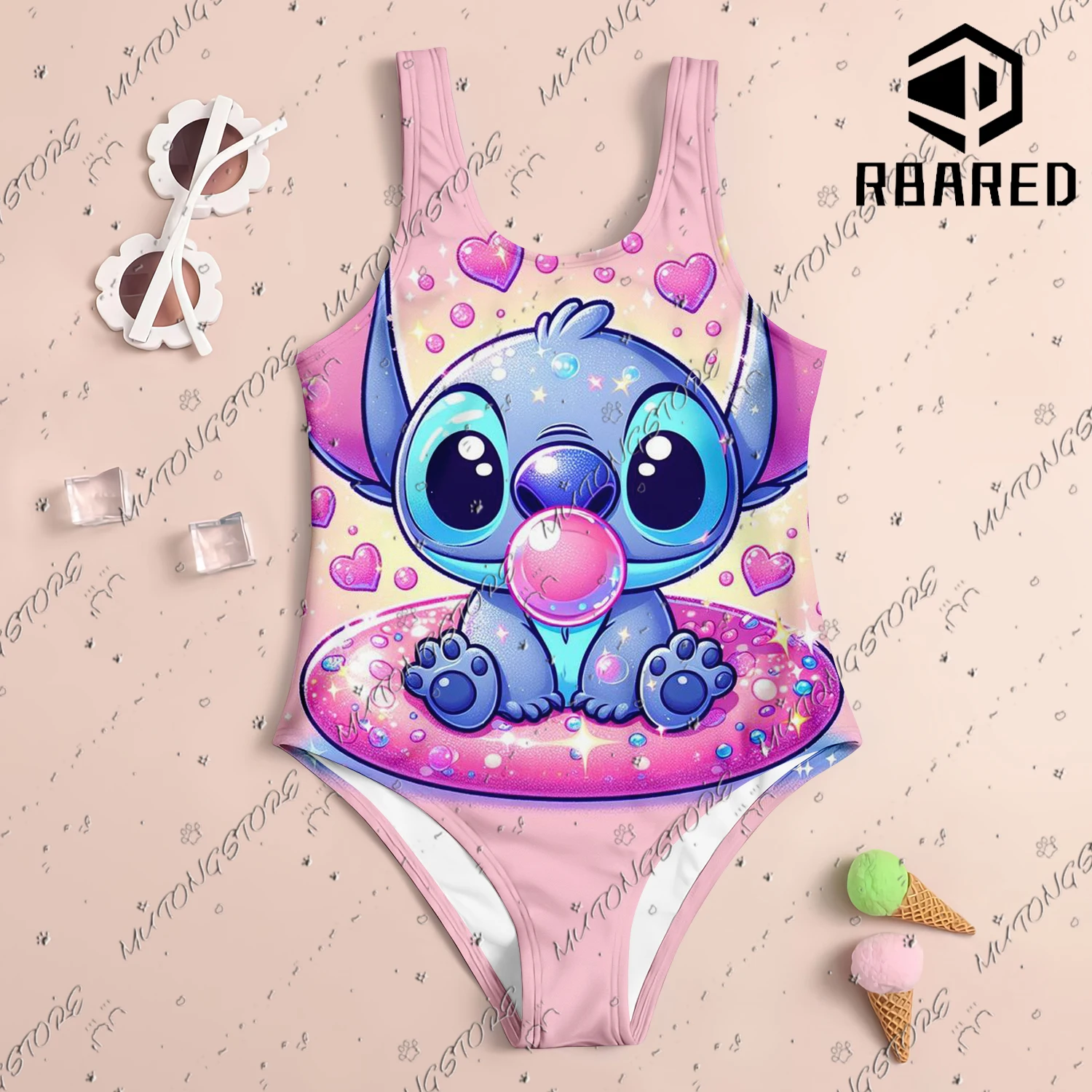 MINISO Cute Stitch Print New Girl Summer One-Piece Swimsuit Fashion Cartoon Women Kids Swimwear Sleeveless Swim Clothing