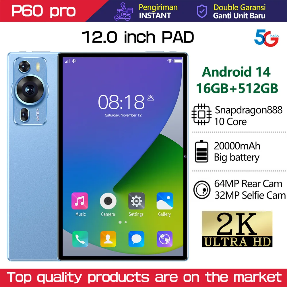 

New P60 Pro Tablets Original 10.1inch 20000mAh Battery Tab 16GB+1TB Global Version Android 14 System Tablet PC 4G 5G Dual SIM