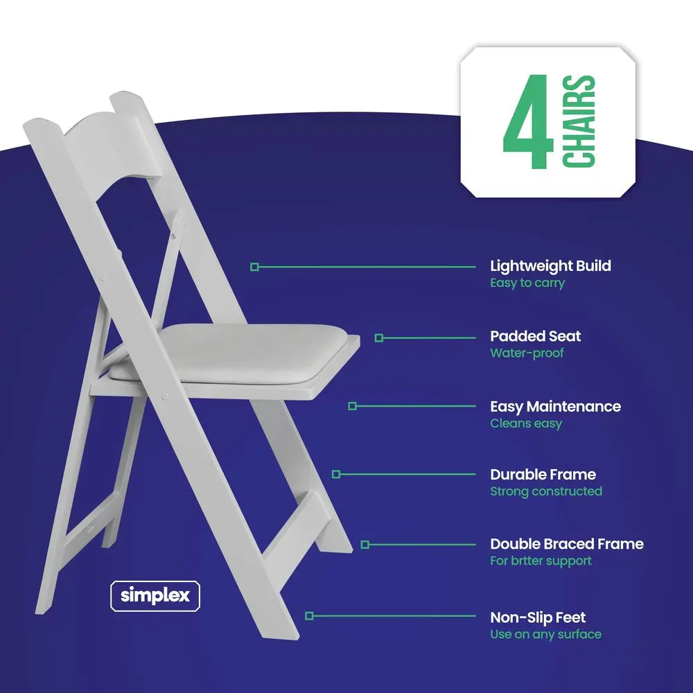 

4 White Folding Chairs Resin Stackable Foldable Chairs with Padded Seats Comfortable White Folding Chairs for Indoor Outdoor Ev