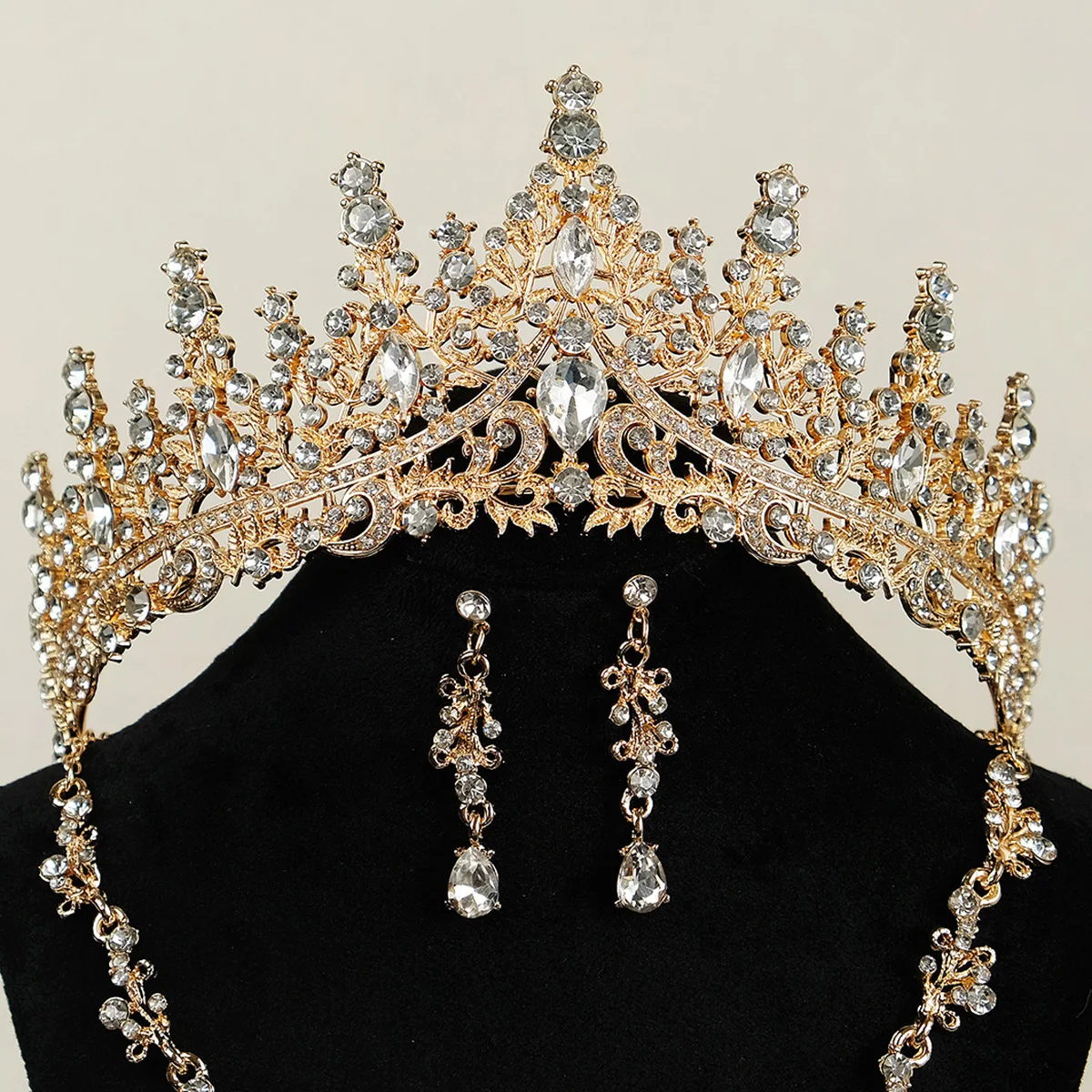 Full Of Charming Style Vintage Classical Champagne-color Ladies\' Tiara Necklace Earrings 4 Pcs Set ​For Wedding Bride