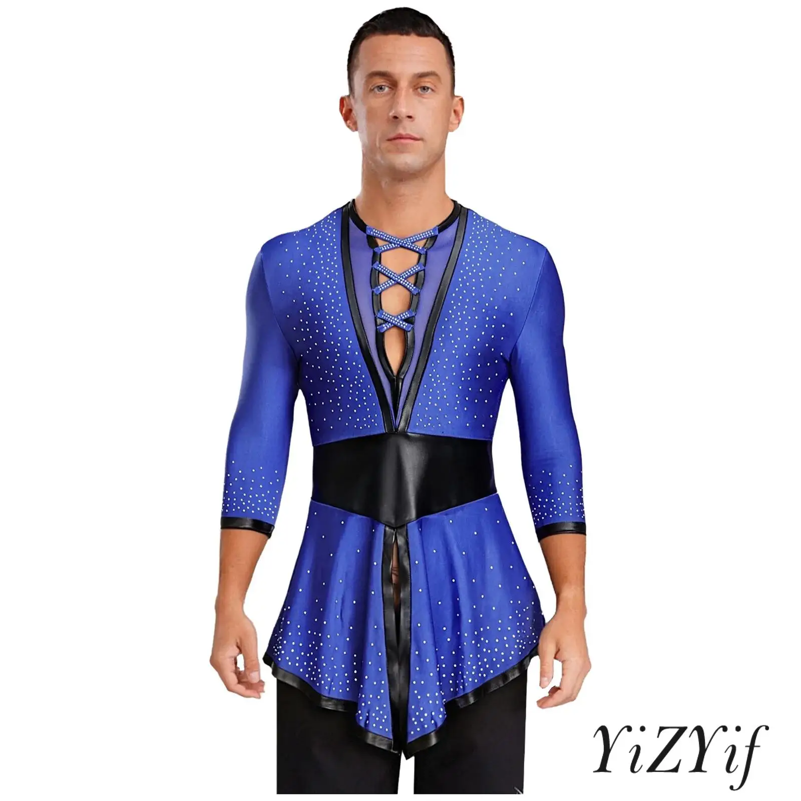 

Mens Latin Tango Rumba Dance Costume Shiny Mesh Patchwork V Neck Long Sleeve Ballet Latin Swallowtail Shirt Tops Latin Dancewear