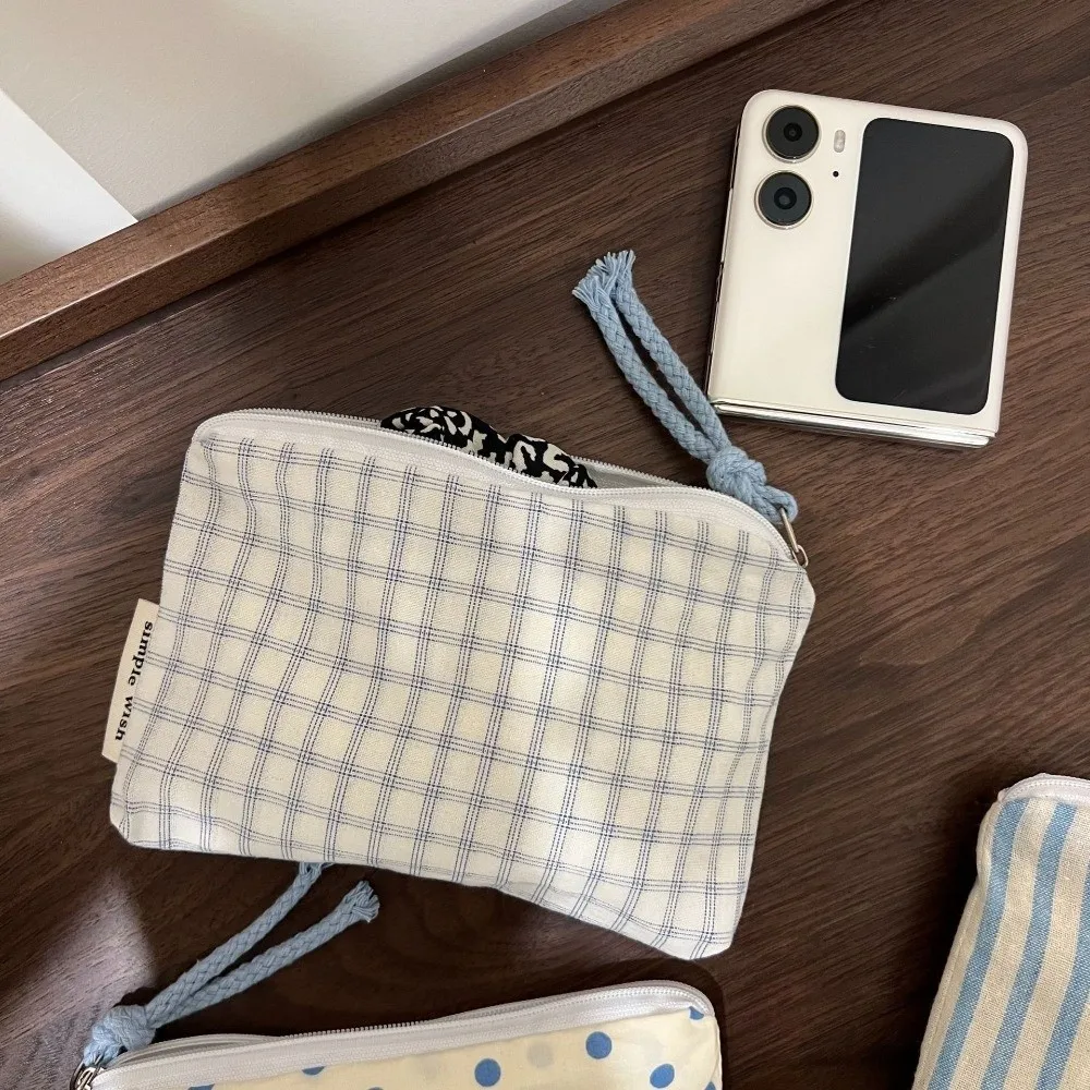 Cute Blue Striped Plaid Makeup Bag Mini Canvas Women's Wallet Coin Purse Cosmetic Organizer Bag