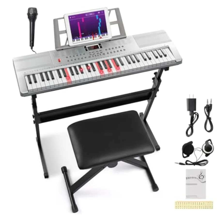 

61 Key Keyboard Piano Electric Keyboard w/Lighted Keys Electric Piano Set with Headphones Microphone Music Rest Power Adapter S