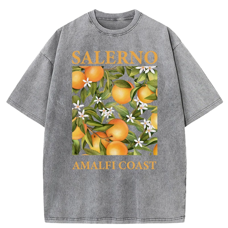 Salerno Amalfi Coast Fresh Oranges Design Women Washed T-Shirts Y2K Casual T Shirt Summer Hip Hop Top Cotton Loose Short Sleeve