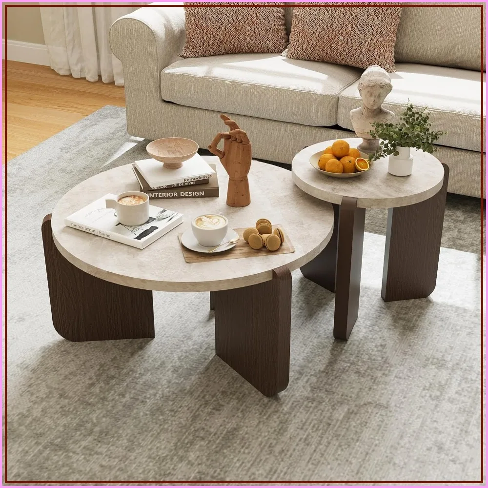 Modern 2-Piece Faux Marble Round Coffee & Side Table Set for Living Room