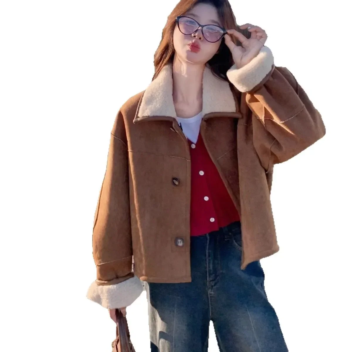 

Замшевая короткая куртка из меха ягненка, женская модная утолщенная верхняя одежда из спандекса, двусторонний носимый топ из искусственной кожи