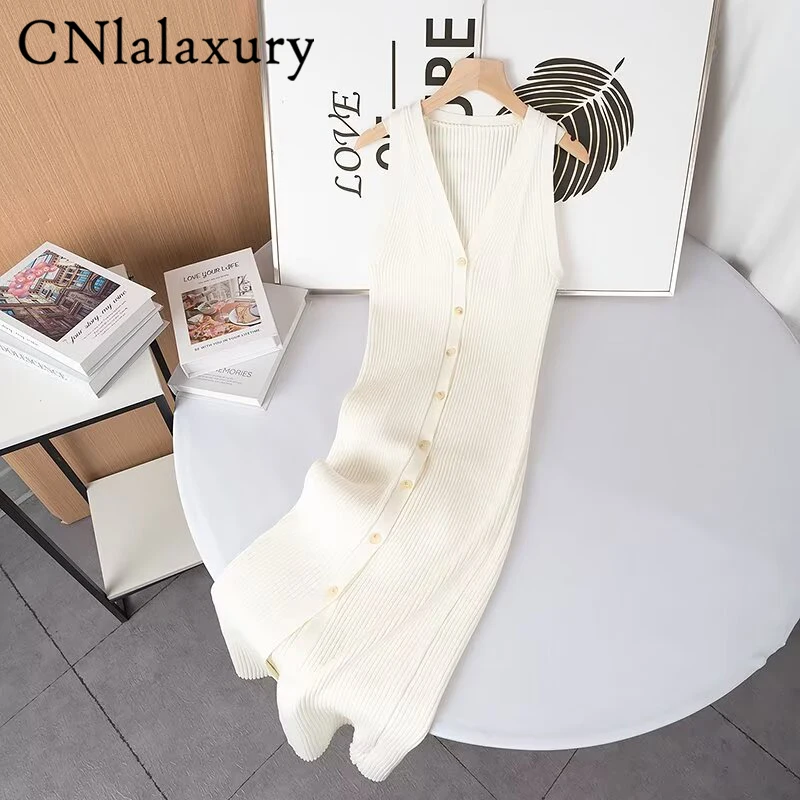 CNlalaxury Women 2024 Summer New Fashion Vest abito lavorato a maglia Chic con scollo a v Button Slim All-match abiti Vestidos Mujer