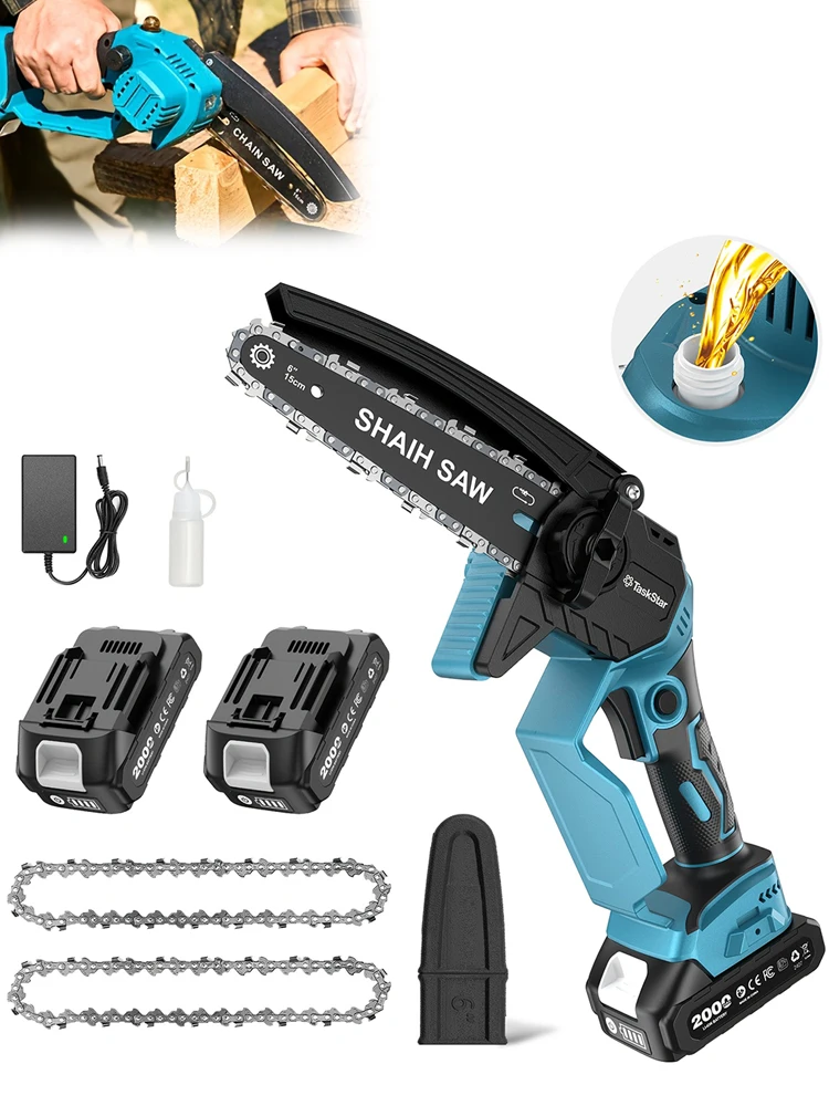 TaskStar Mini 6-Zoll-Kabellose Elektrosäge für Trimmen Zweig Handheld-Kettensäge mit 2 2.0Ah Batterien & Auto Ölung für Holzschneiden (Fit Makita 18V Batterie Pin)