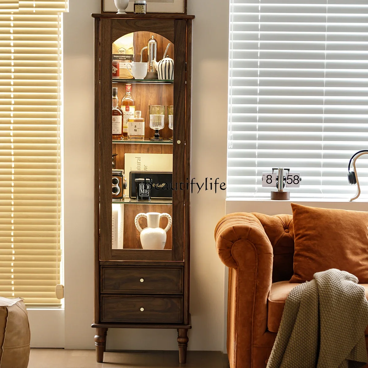 

yj21 North American black walnut wine cabinet medium antique solid wood retro display cabinet