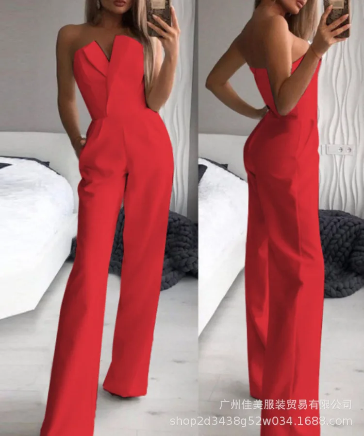 Jumpsuit wanita One Piece Slash leher tanpa lengan Romper overall warna Solid lurus celana kantong disambung High Street seksi