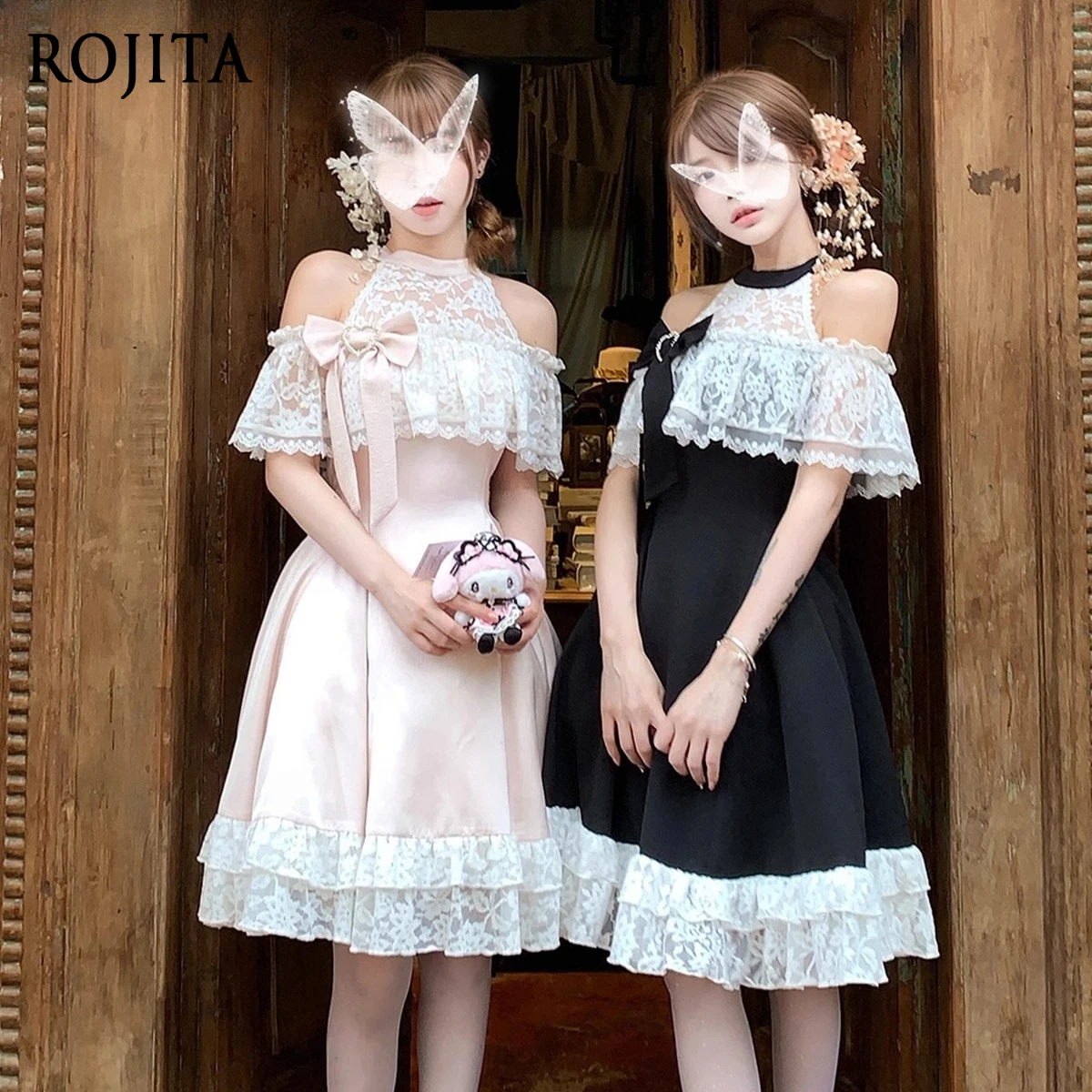 

Japanese Lo Skirt Short Dress Sweet Girl Neck Collar Lace Splicing Perspective Lotus Leaf Edge High Waist Black Dress for Women