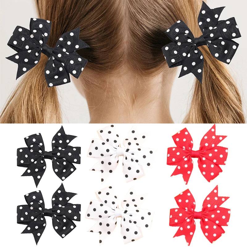 Oaoleer 2Pcs/lot 3inch Dot Hair Bows Clips For Baby Girls Cute Ribbon Handmade Hairpins Barrette Kids Headwear Hair Accessories