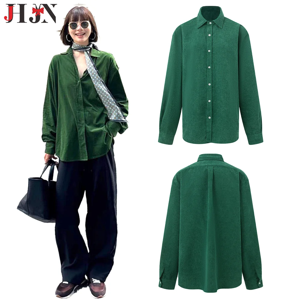 Green Corduroy Women Shirt Single Breasted Outerwear Casual Tops Long Sleeves Lapel Blouse Fashion Regulai Fit Female Clothing