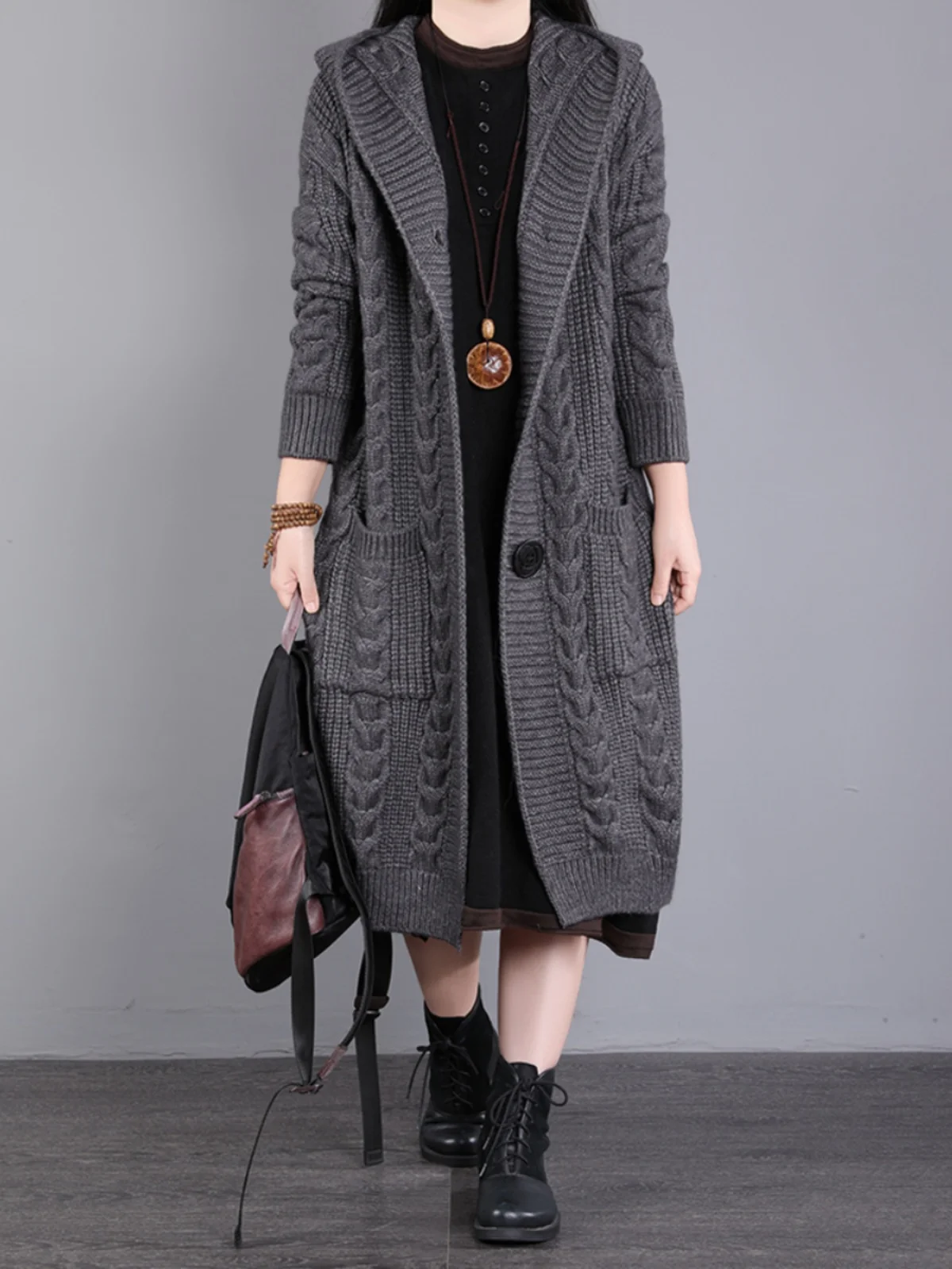 

Women's Hooded Knitwear Coat Thi Warm Heavy-Made Twisted Long Over-Knee Autumn Winter Loose Fit Faion Commute Sle Singl...