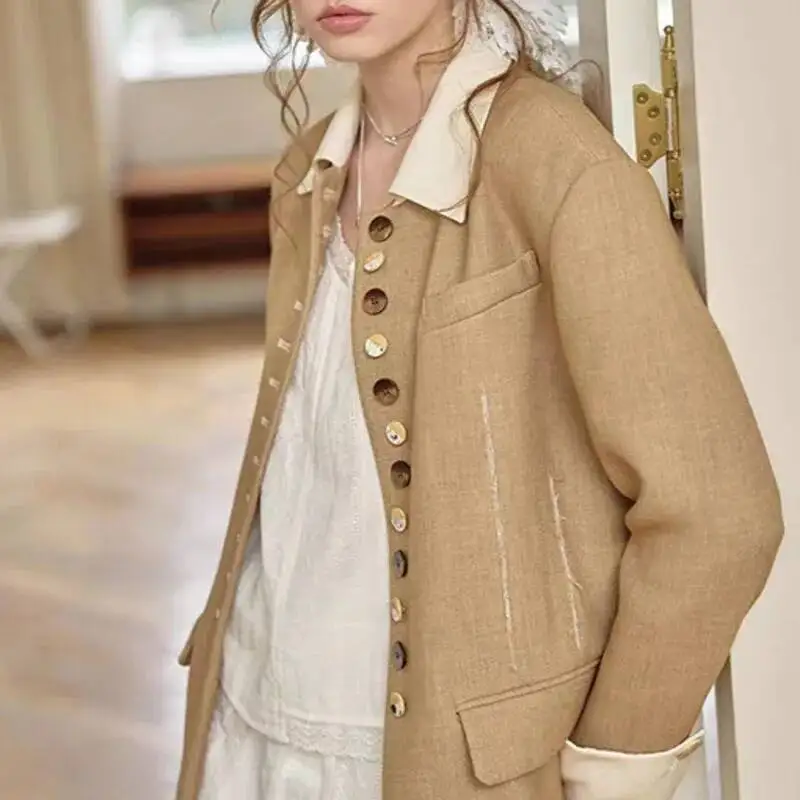 HKSH ربيع الخريف جديد المرأة السترة واحدة الصدر كتلة اللون المرقعة بدوره إلى أسفل طوق المتعثرة مزاجه سترة HK12168 #2