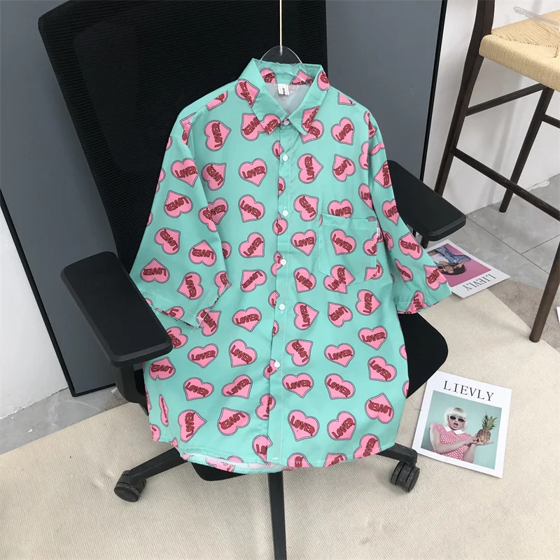 

EBAIHUI Shirt for Women Hong Kong Style Printed Short Sleeve Ladies Blouse Summer Loose Half Sleeve Blusas Couple Top