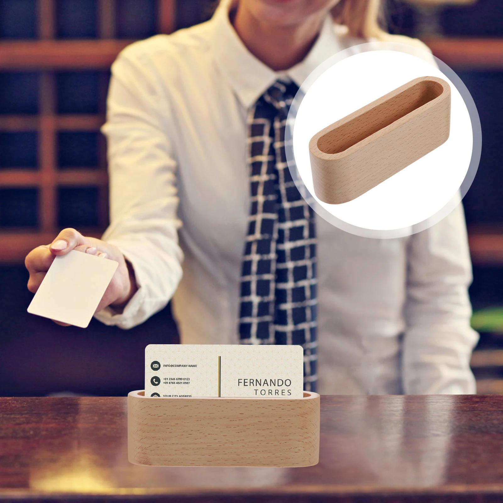 حامل بطاقة العمل المكتبي، صندوق تخزين بطاقات الأسماء الخشبية، رف عرض مستلزمات المكتب لبيئة العمل الاحترافية #6