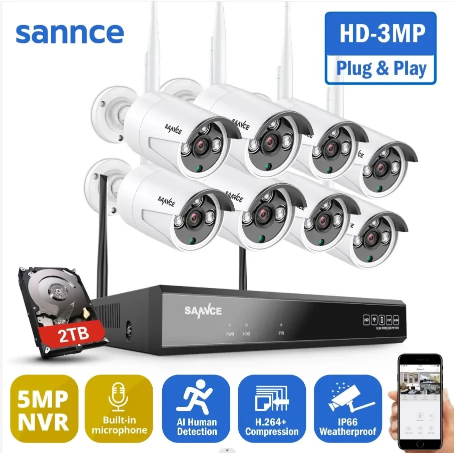 SANNCE 8CH 3MP WiFi NVR 8PCS 2.0MP IR Outdoor resistente alle intemperie CCTV telecamera IP Wireless Kit sistema di videosorveglianza di sicurezza