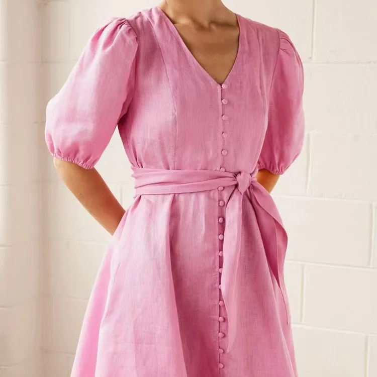 Faionable V-ne Bubble Sve ort Dr Gonna a trapezio a vita alta con cintura in cotone Dr Abbigliamento quotidiano