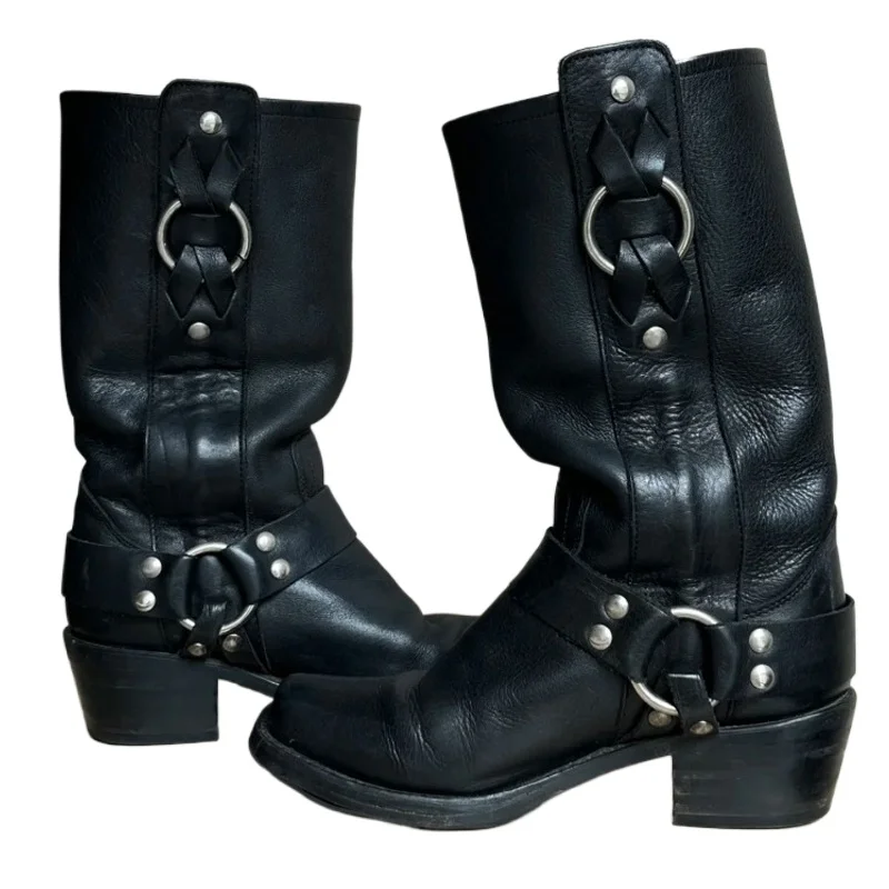 

Fashion Women's Genuine Leather Mid-calf Motorcycle Boots, Metal Buckle Strap Stitch Construction Western Boots