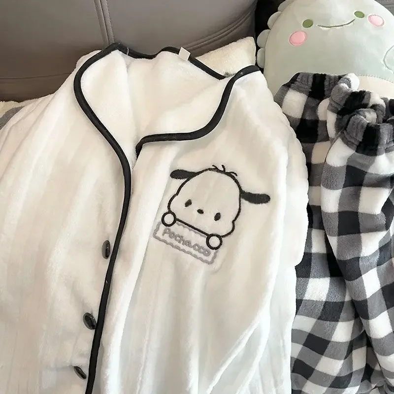 Cute Cartoon Pochacco Pajamas Anime Embroidered Plush Cardigan Winter Style Thickened Warm Kawaii Homewear Set Girls Gift