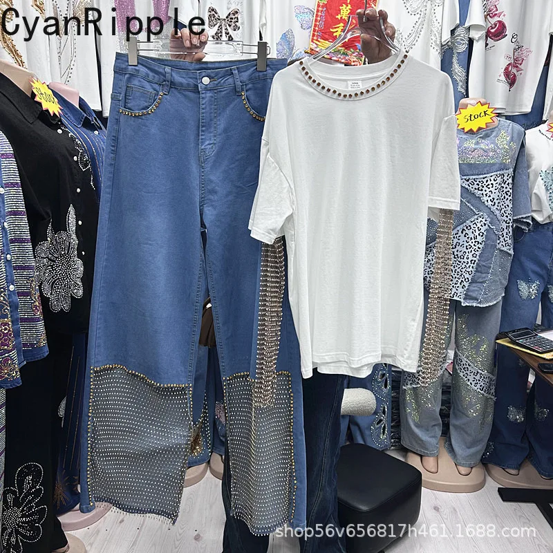 Fashion Spring Summer Women Two-piece Set Hollow Out Mesh Diamonds Long Sleeve T-shirt Top + High Waist Wide Leg Casual Jeans