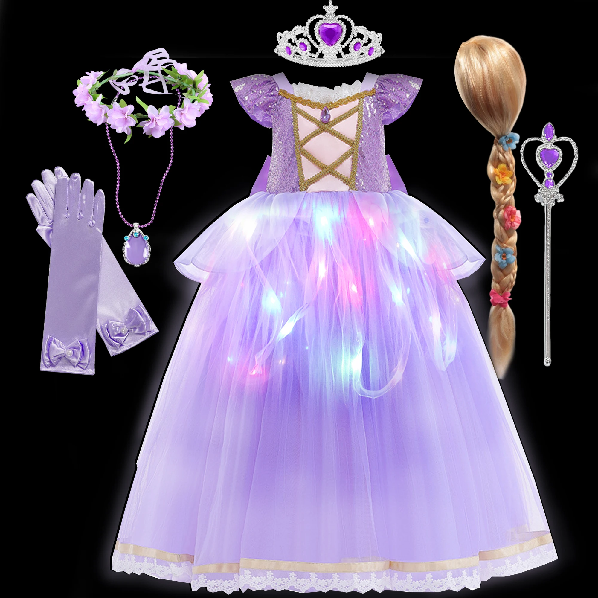 

Girls Princess Costume Purple Rapunzel LED Light Up 2PCS Dress Fancy Birthday Carnival Party Elegant Children Clothing Halloween
