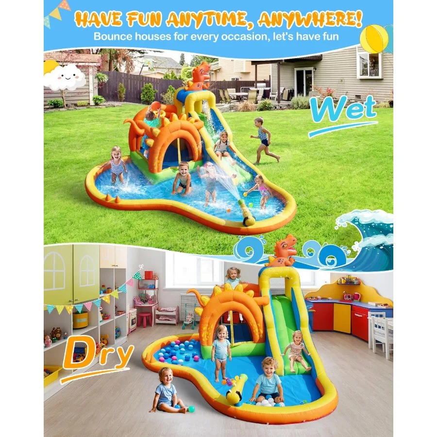Parco gonfiabile per diapositive d'acqua con dinosauro Casa di rimbalzo 7 in 1 con zona di salto per diapositive Parete da arrampicata su piscina e canestro da basket 480