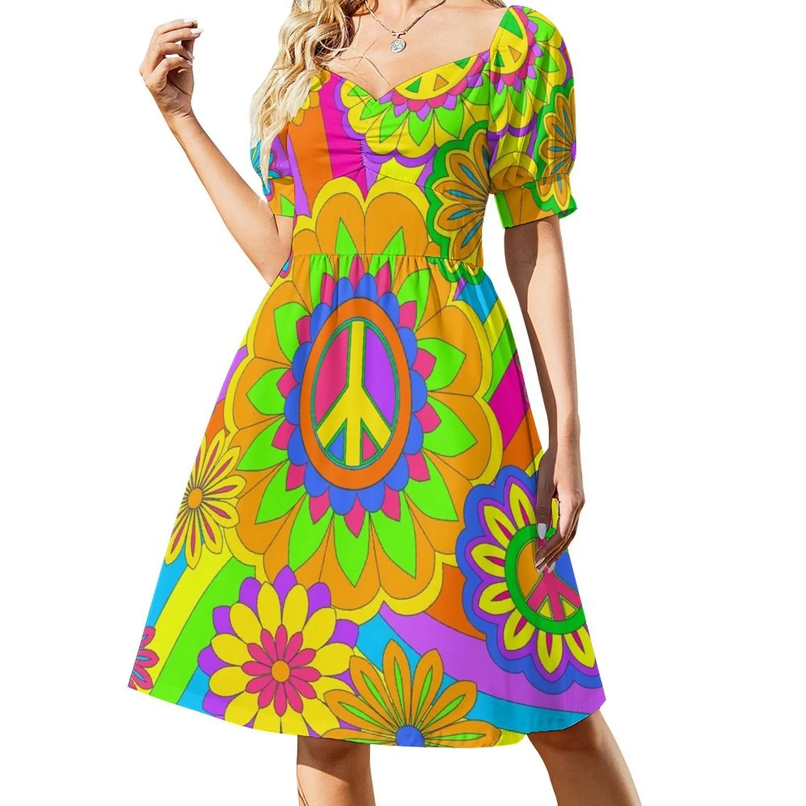 

Psychedelic Rainbow Flower Power Pattern Short-Sleeved Dress womens dress Beachwear