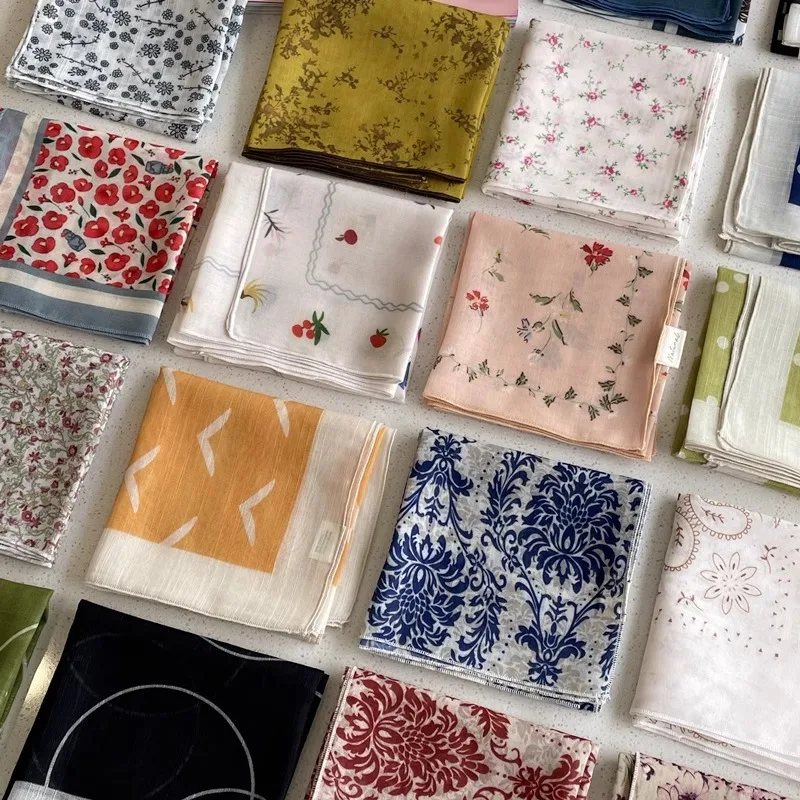 Cotton Linen Square Scarf Collection Floral Polka Dot Neckerchief Artistic Forest Style Headband Bag Tie for Women