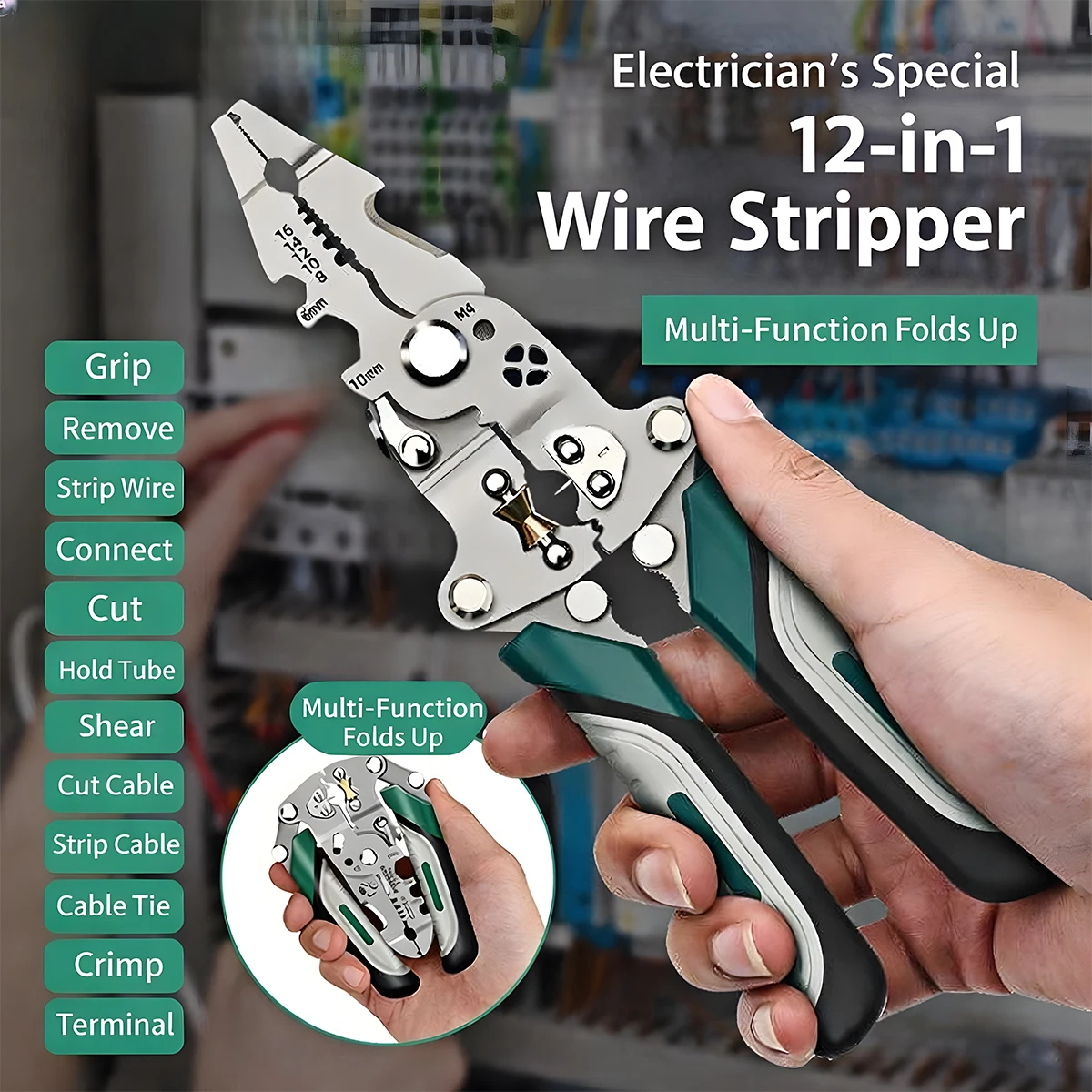 

12-in-1 Multifunctional Wire Stripper Tool for Electricians, Cable Stripper Cutter Crimper, Hand Tool Kit for Easy Wiring Work