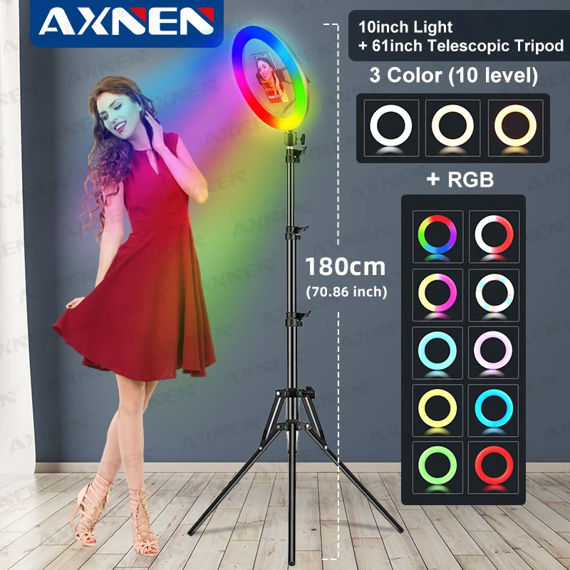 10in 26cm RGB Selfie Ring Light with Telescopic Tripod Stand Phone Holder, Photography RingLight Colorful Led Makeup Fill Lamp