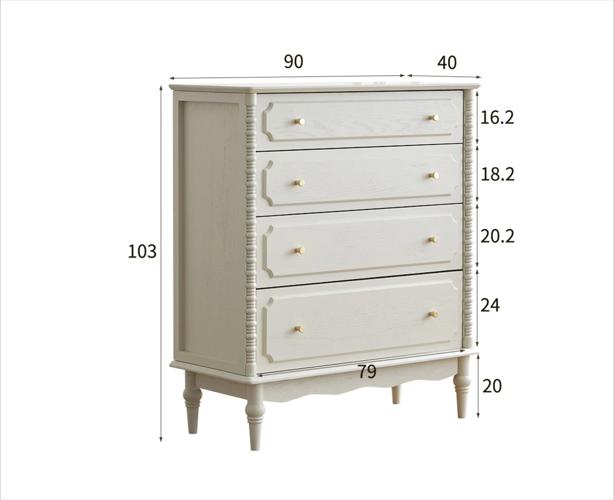 French retro cream style solid wood four chest cabinet